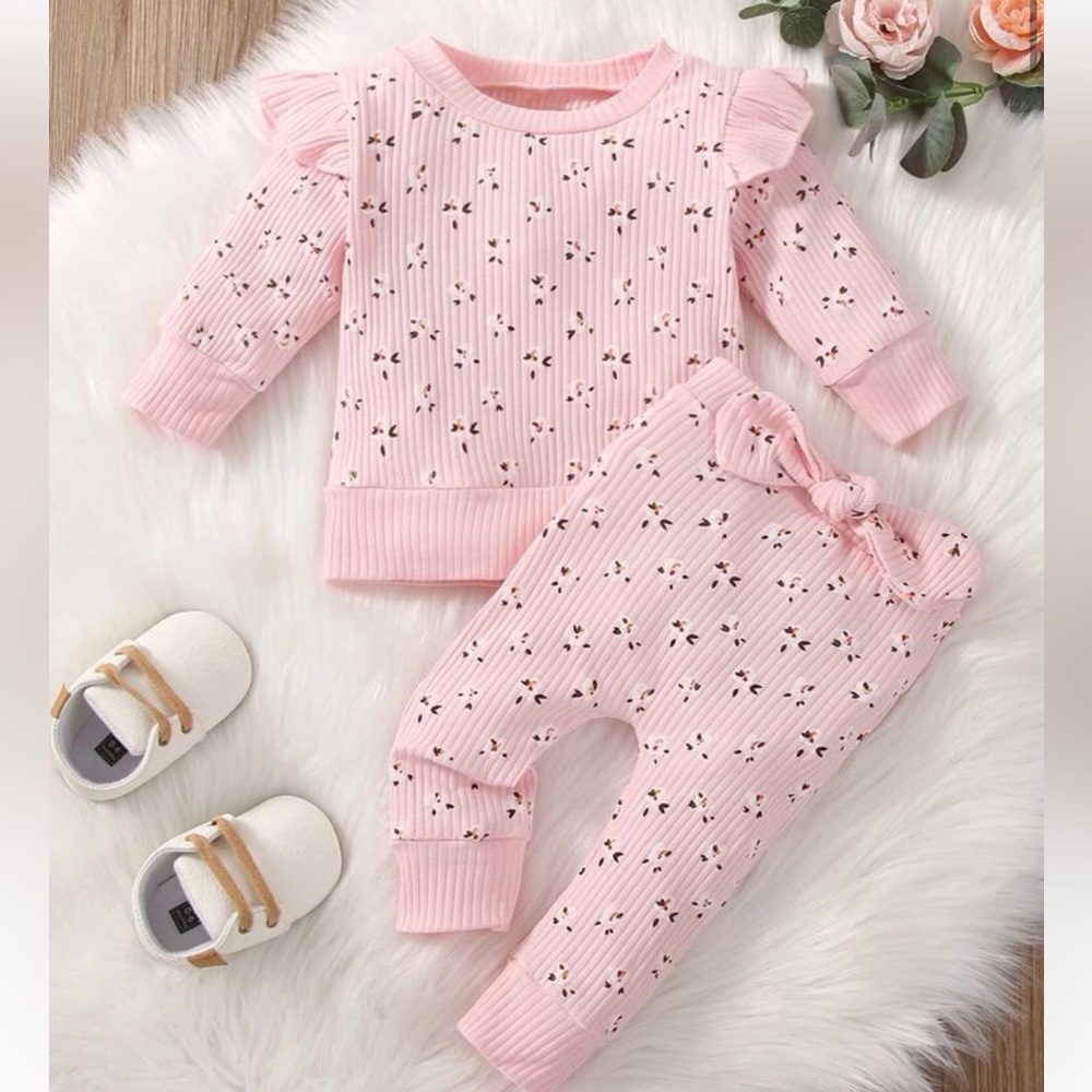 Shein baby girl ditsy floral print pink bow matching set